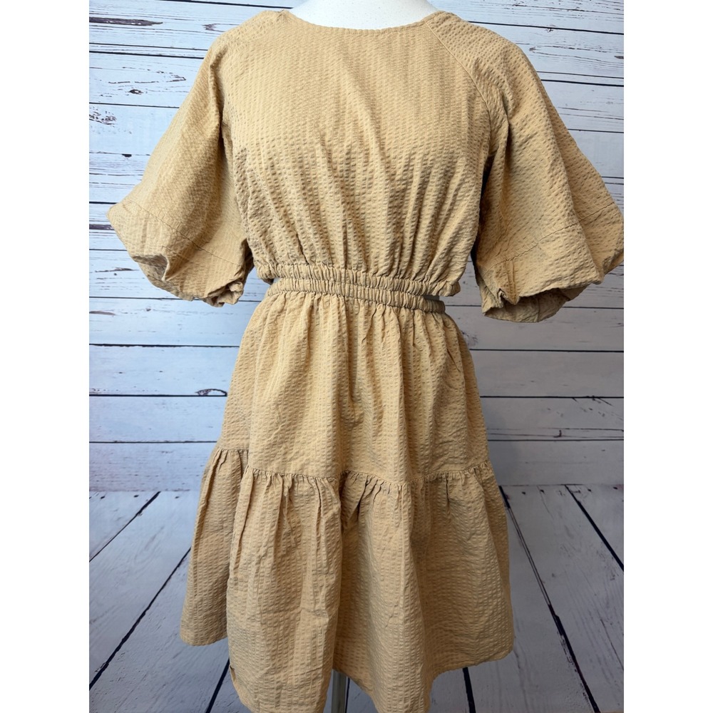 Madewell Seersucker Mini Dress Medium NWT Tan Puff Sleeve Cut Out NF870 - Picture 15 of 16